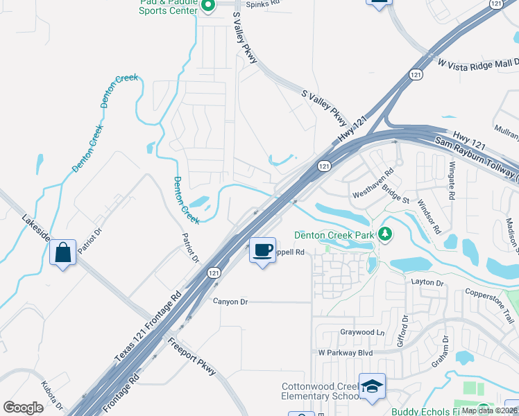map of restaurants, bars, coffee shops, grocery stores, and more near Texas 121 Frontage Road in Lewisville