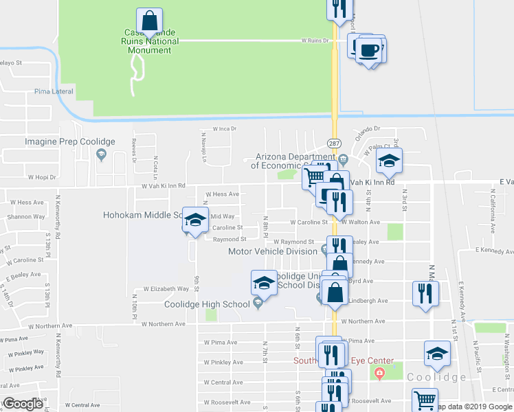 map of restaurants, bars, coffee shops, grocery stores, and more near 1010 North 8th Place in Coolidge