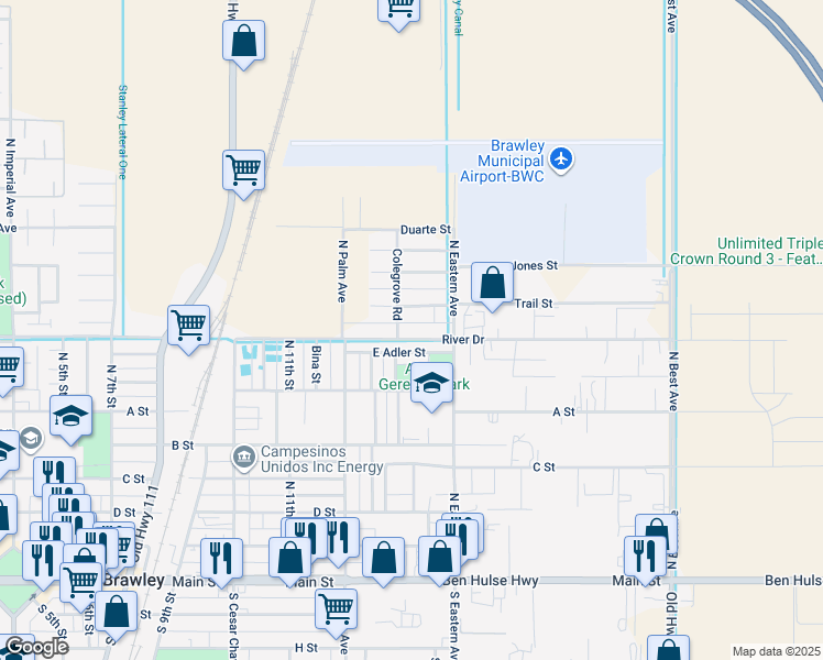 map of restaurants, bars, coffee shops, grocery stores, and more near 1331 River Drive in Brawley