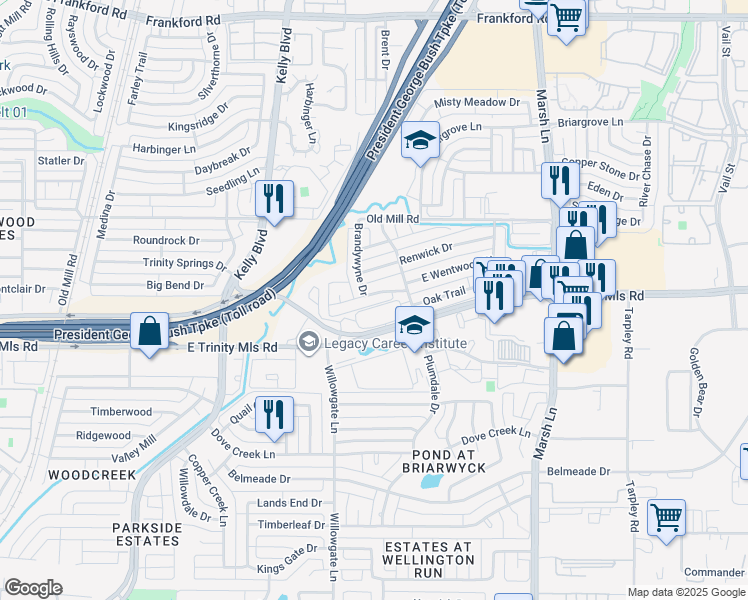 map of restaurants, bars, coffee shops, grocery stores, and more near 2618 West Wentwood Drive in Carrollton