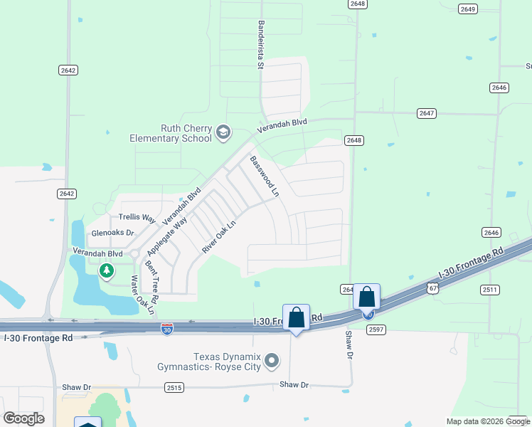 map of restaurants, bars, coffee shops, grocery stores, and more near 1816 River Oak Lane in Royse City