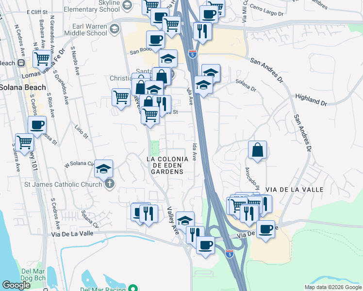 map of restaurants, bars, coffee shops, grocery stores, and more near 708 Castro Street in Solana Beach