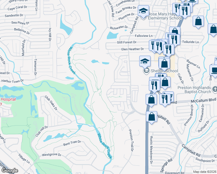 map of restaurants, bars, coffee shops, grocery stores, and more near 5547 Prestwick Lane in Dallas
