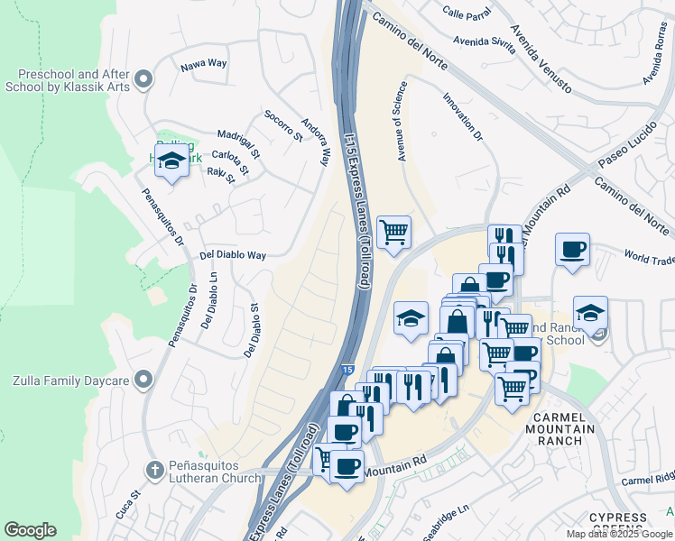 map of restaurants, bars, coffee shops, grocery stores, and more near 13146 Greer Drive in San Diego