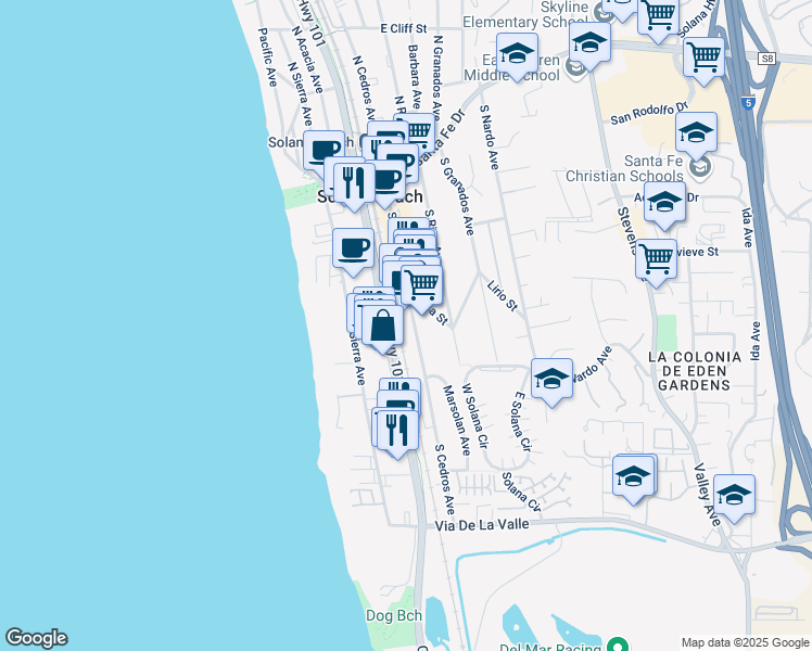 map of restaurants, bars, coffee shops, grocery stores, and more near 437 South Cedros Avenue in Solana Beach