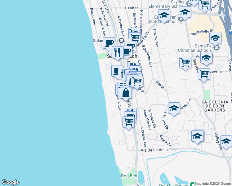 map of restaurants, bars, coffee shops, grocery stores, and more near 437 Highway 101 in Solana Beach