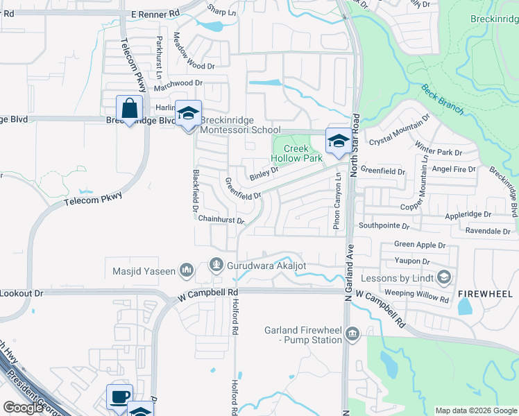 map of restaurants, bars, coffee shops, grocery stores, and more near 3009 Holford Road in Richardson