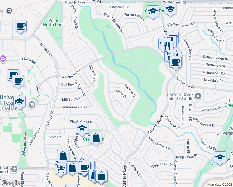 map of restaurants, bars, coffee shops, grocery stores, and more near 2408 Skyview Drive in Richardson