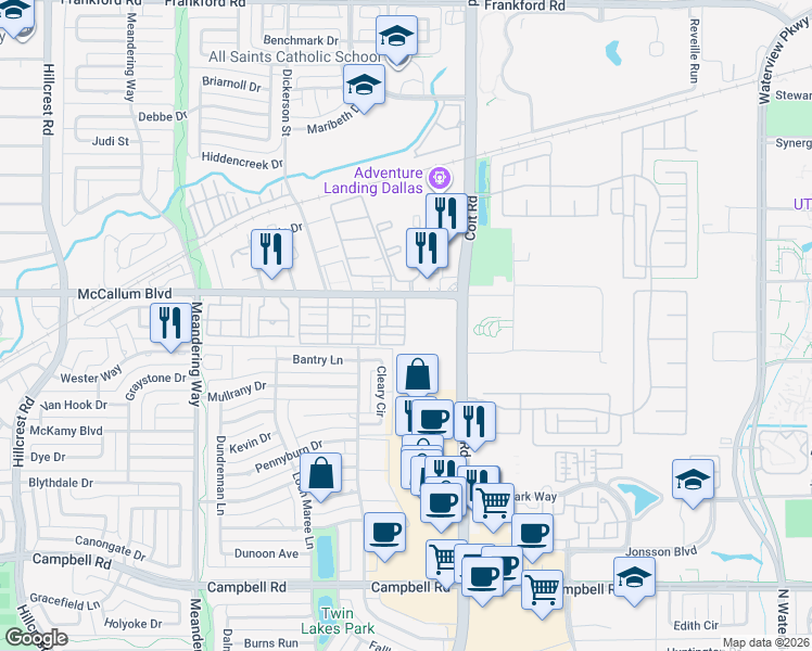 map of restaurants, bars, coffee shops, grocery stores, and more near 16734 Cleary Circle in Dallas