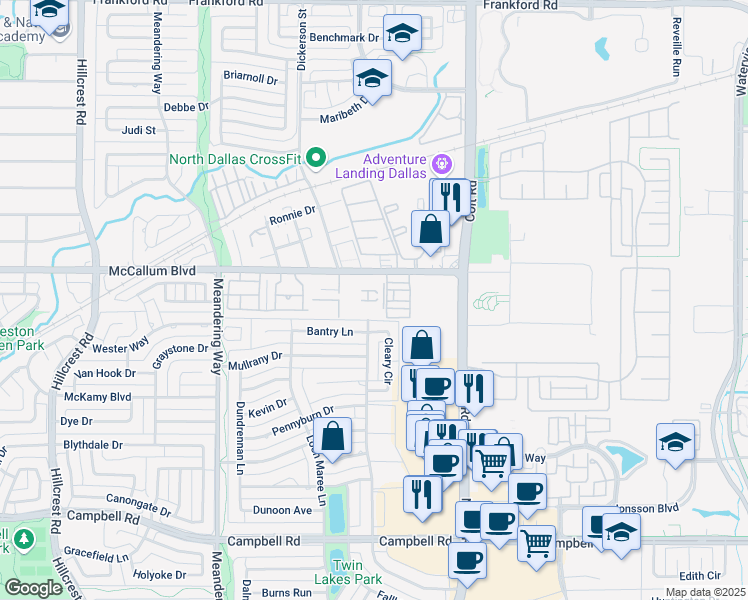 map of restaurants, bars, coffee shops, grocery stores, and more near 7760 McCallum Boulevard in Dallas