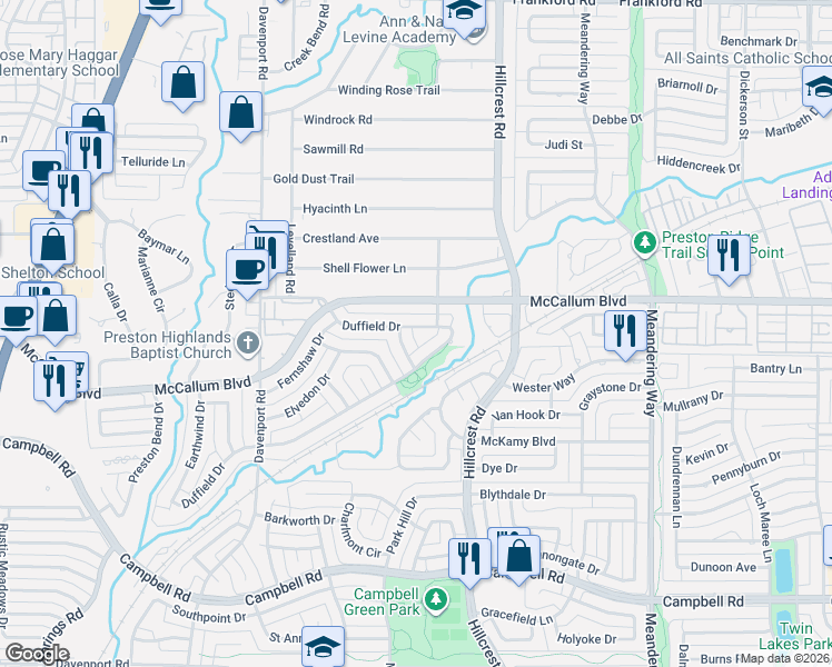 map of restaurants, bars, coffee shops, grocery stores, and more near 7005 Duffield Drive in Dallas