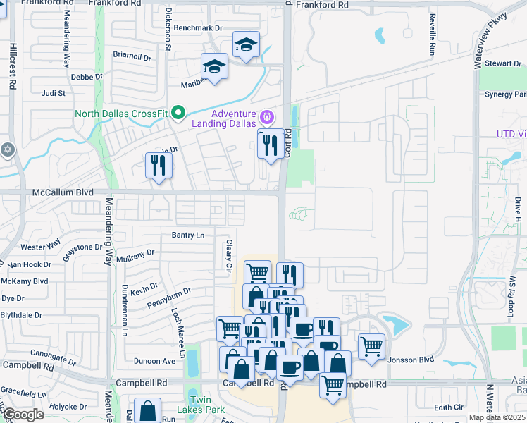 map of restaurants, bars, coffee shops, grocery stores, and more near 7842 McCallum Boulevard in Dallas