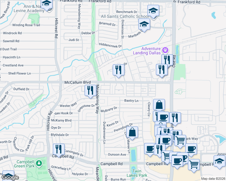 map of restaurants, bars, coffee shops, grocery stores, and more near 7650 McCallum Boulevard in Dallas