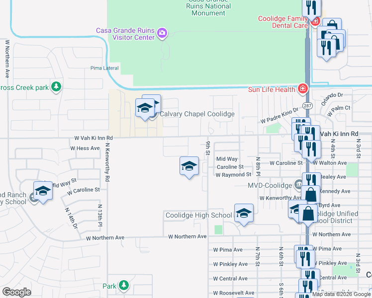 map of restaurants, bars, coffee shops, grocery stores, and more near 971 9th Street in Coolidge