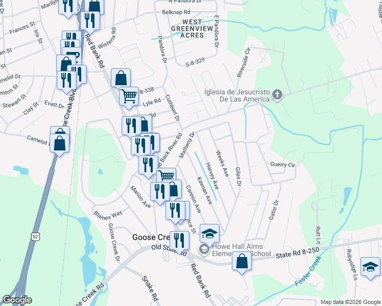 map of restaurants, bars, coffee shops, grocery stores, and more near 103 Keenan Avenue in Goose Creek