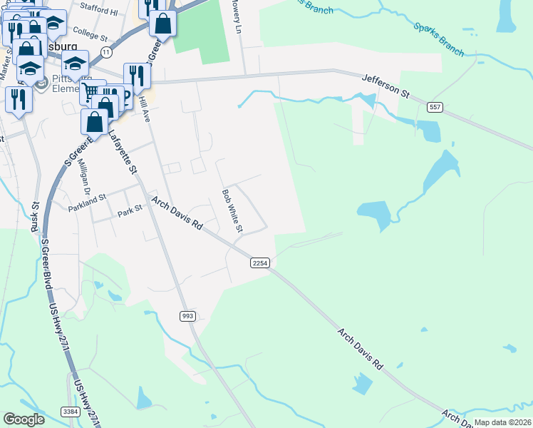map of restaurants, bars, coffee shops, grocery stores, and more near 101-119 Mockingbird St in Pittsburg