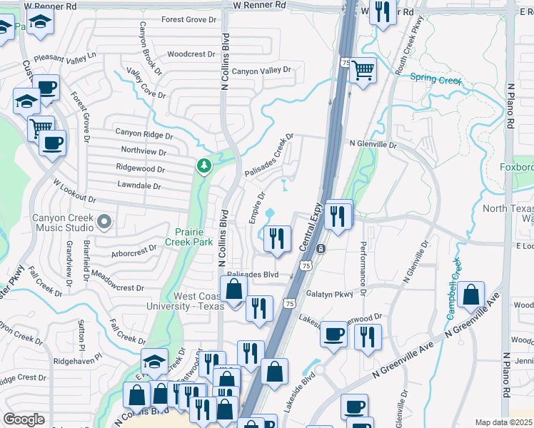 map of restaurants, bars, coffee shops, grocery stores, and more near 2510 Empire Drive in Richardson