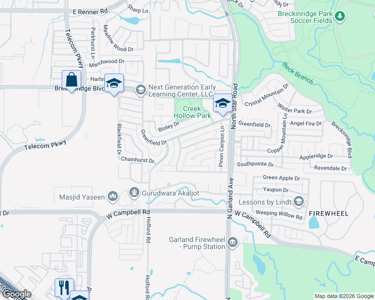 map of restaurants, bars, coffee shops, grocery stores, and more near 3016 Dove Creek Lane in Richardson