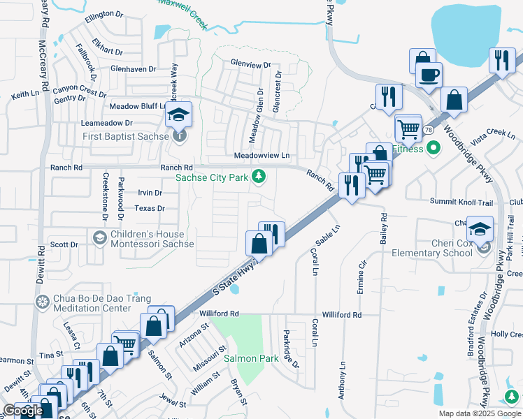 map of restaurants, bars, coffee shops, grocery stores, and more near 7320 State Highway 78 in Sachse