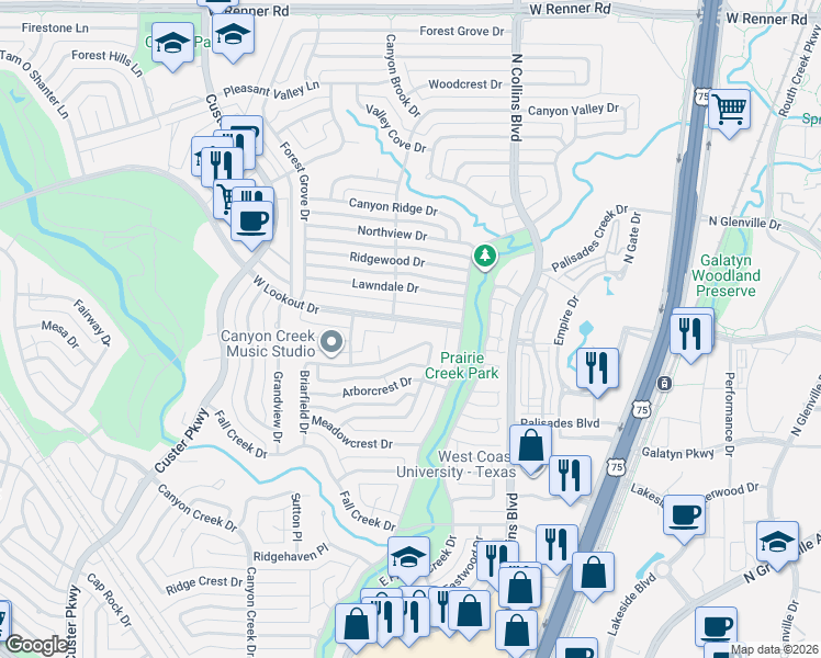 map of restaurants, bars, coffee shops, grocery stores, and more near 318 Ridgeview Drive in Richardson