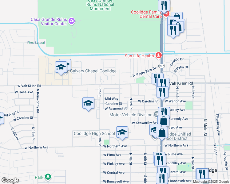 map of restaurants, bars, coffee shops, grocery stores, and more near 812 Mid Way in Coolidge