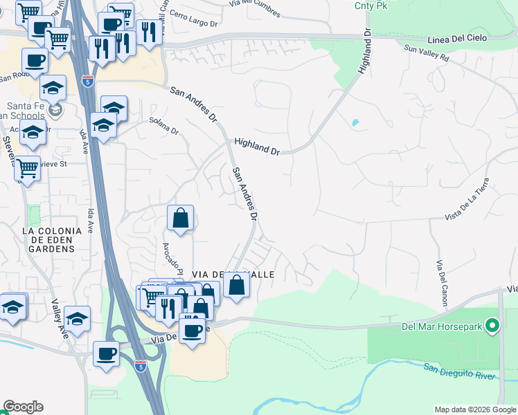 map of restaurants, bars, coffee shops, grocery stores, and more near 14965 Tercer Verde in Del Mar