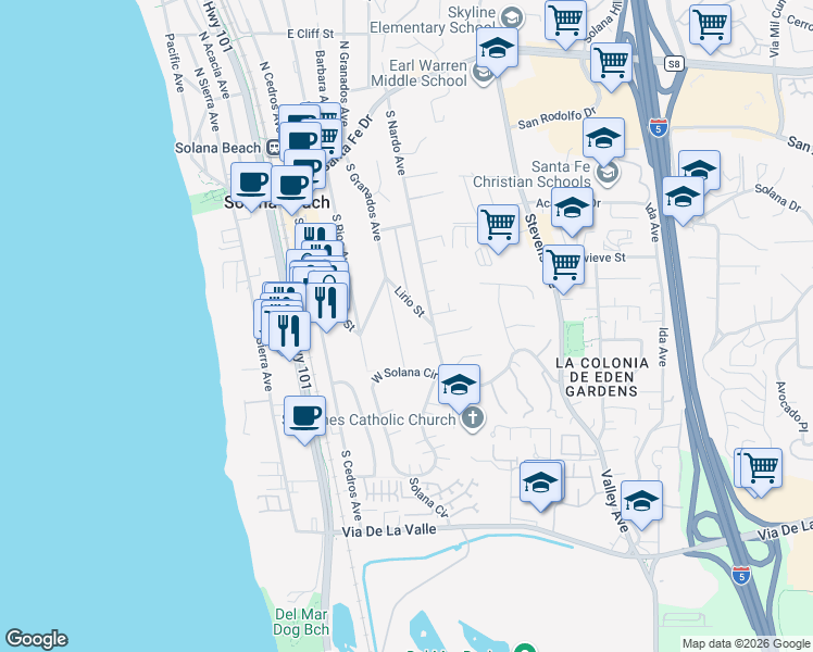 map of restaurants, bars, coffee shops, grocery stores, and more near 525 South Nardo Avenue in Solana Beach