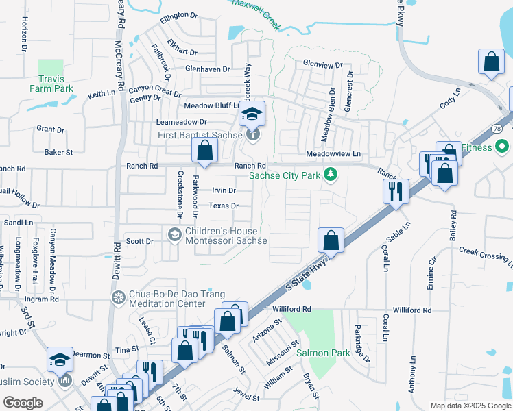 map of restaurants, bars, coffee shops, grocery stores, and more near 3900 Ranch Road in Sachse