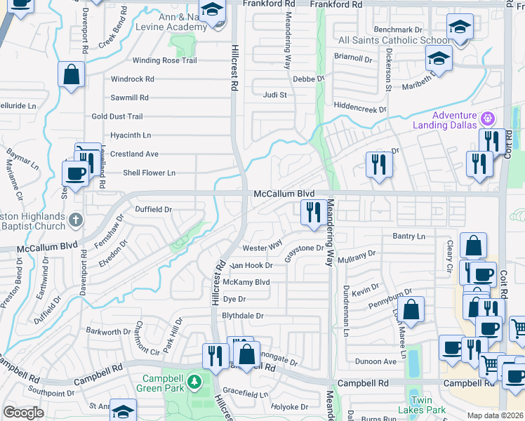 map of restaurants, bars, coffee shops, grocery stores, and more near 7106 Highland Heather Lane in Dallas