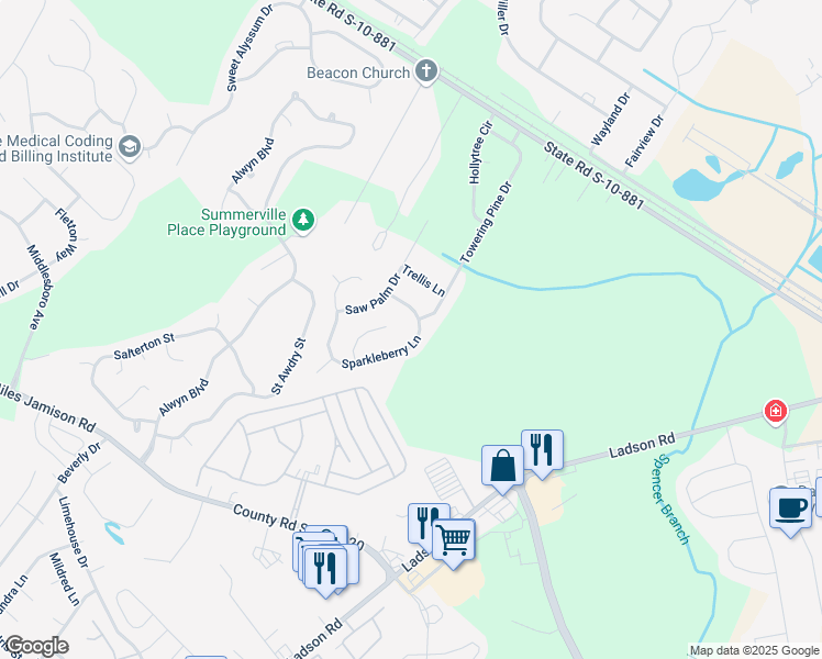 map of restaurants, bars, coffee shops, grocery stores, and more near 202 Sparkleberry Lane in Ladson