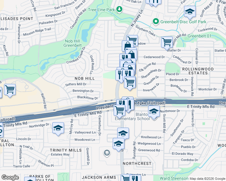 map of restaurants, bars, coffee shops, grocery stores, and more near 2651-2689 N Josey Ln in Carrollton