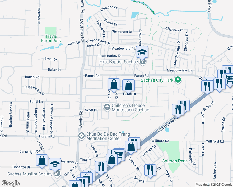 map of restaurants, bars, coffee shops, grocery stores, and more near Parkwood Drive in Sachse