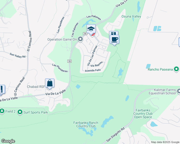 map of restaurants, bars, coffee shops, grocery stores, and more near 3817 Avenida Feliz in Rancho Santa Fe