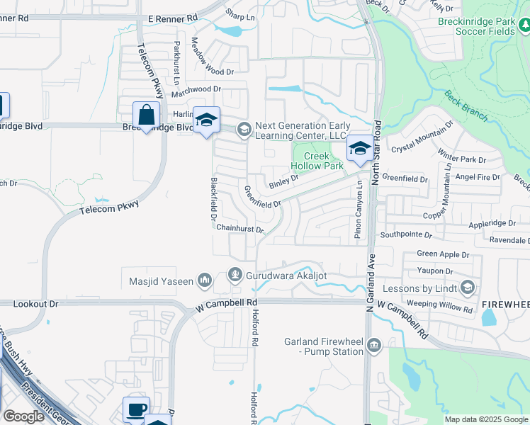 map of restaurants, bars, coffee shops, grocery stores, and more near 3830 Gunnison Drive in Richardson