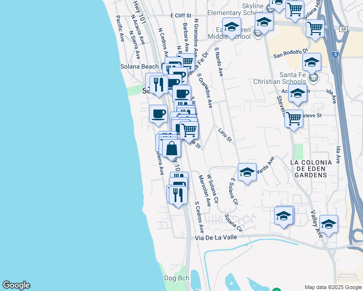 map of restaurants, bars, coffee shops, grocery stores, and more near 437 South Cedros Avenue in Solana Beach
