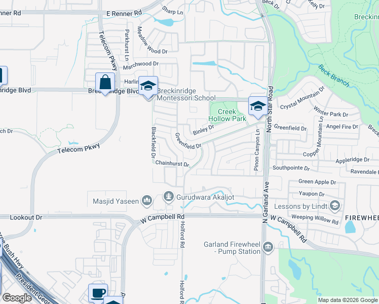 map of restaurants, bars, coffee shops, grocery stores, and more near 2976 Marlow Lane in Richardson