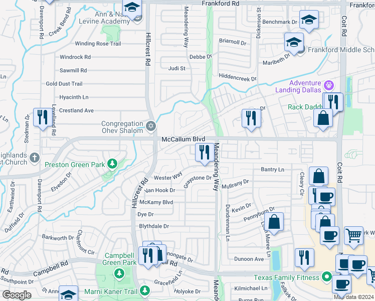 map of restaurants, bars, coffee shops, grocery stores, and more near 17208 Ikel Drive in Dallas