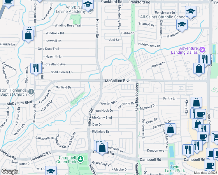 map of restaurants, bars, coffee shops, grocery stores, and more near 7106 Highland Heather Lane in Dallas
