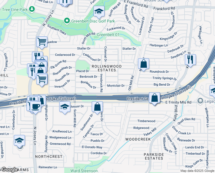 map of restaurants, bars, coffee shops, grocery stores, and more near 2228 Montclair Place in Carrollton