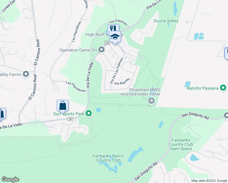 map of restaurants, bars, coffee shops, grocery stores, and more near 3817 Avenida Feliz in Rancho Santa Fe