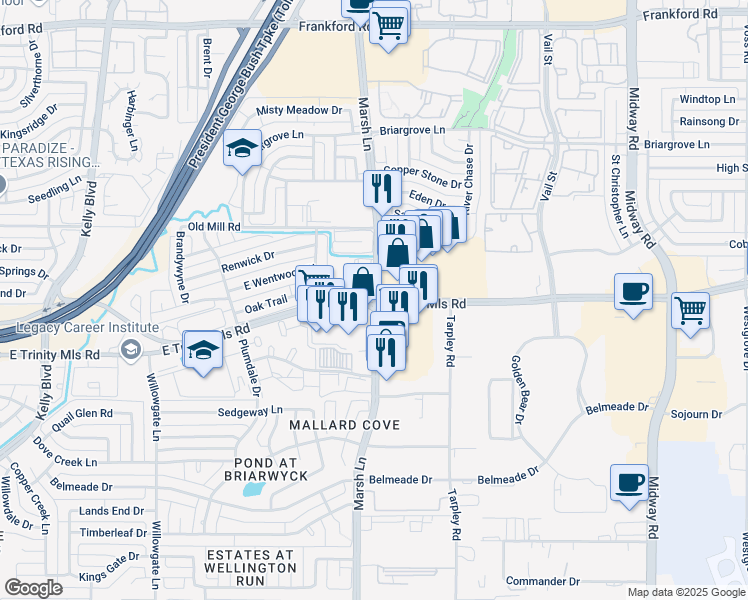 map of restaurants, bars, coffee shops, grocery stores, and more near Marsh Ln & E Trinity Mills Rd in Carrollton