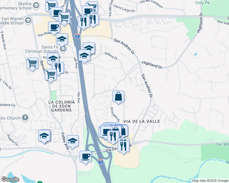 map of restaurants, bars, coffee shops, grocery stores, and more near 986 Avocado Place in Del Mar