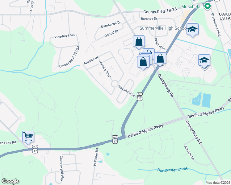 map of restaurants, bars, coffee shops, grocery stores, and more near 208 Mohican Circle in Summerville