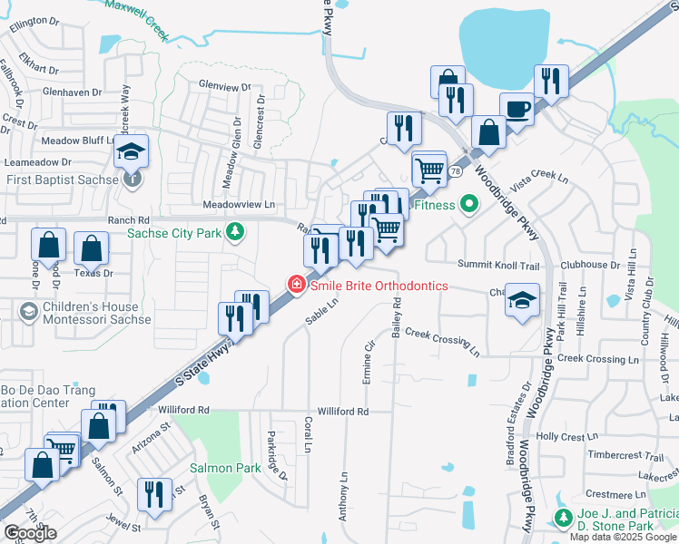 map of restaurants, bars, coffee shops, grocery stores, and more near 7208 Sable Lane in Sachse