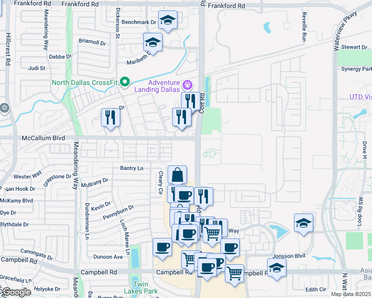 map of restaurants, bars, coffee shops, grocery stores, and more near 7862 McCallum Boulevard in Dallas
