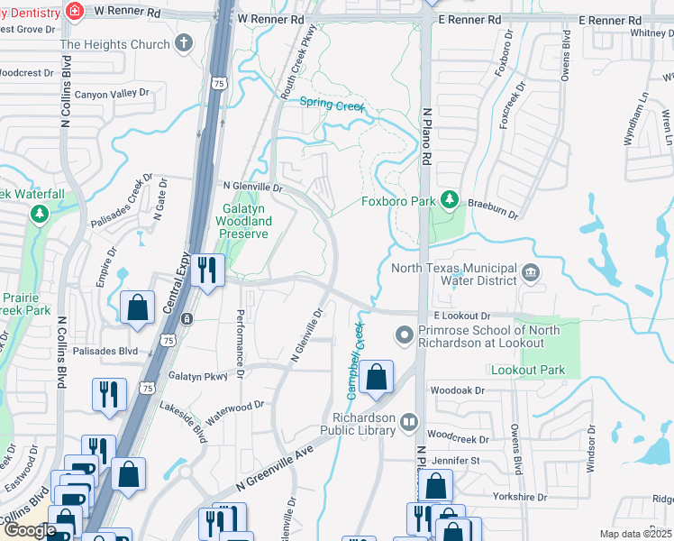 map of restaurants, bars, coffee shops, grocery stores, and more near 2400 North Glenville Drive in Richardson