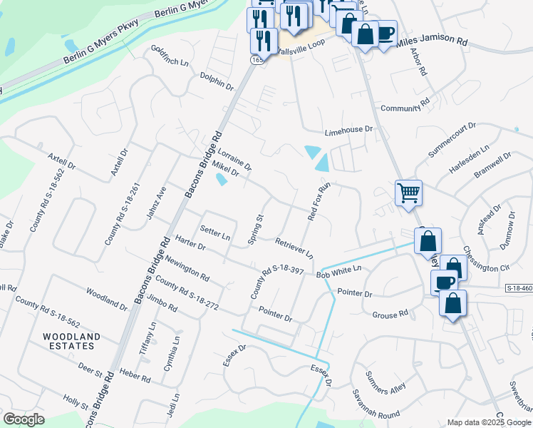 map of restaurants, bars, coffee shops, grocery stores, and more near 105 Spring Street in Summerville