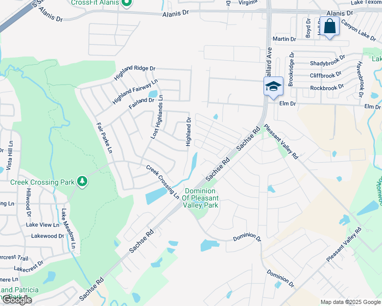 map of restaurants, bars, coffee shops, grocery stores, and more near 2122 Highland Drive in Wylie