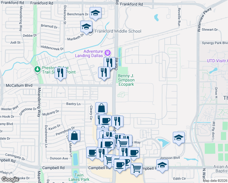map of restaurants, bars, coffee shops, grocery stores, and more near 17360 Coit Road in Dallas