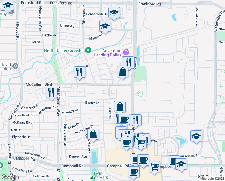 map of restaurants, bars, coffee shops, grocery stores, and more near 16734 Cleary Circle in Dallas